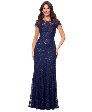 Women's Sequined Lace Cap-Sleeve Gown