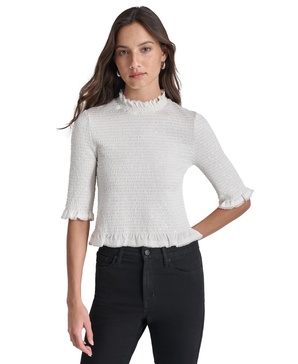 Women's Sequin Smocked Elbow-Sleeve Top