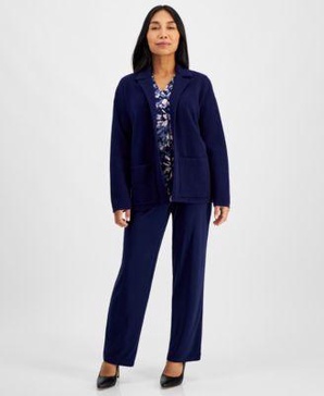 Petite Printed V-Neck Long-Sleeve Top, Notched-Collar Blazer Cardigan & Solid Wide-Leg Mid-Rise Pants 