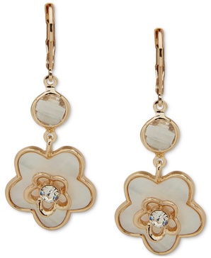 Gold-Tone Mother of Pearl Crystal Flower Drop Earrings