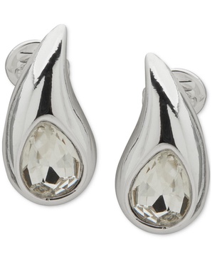 Silver-Tone Crystal Puffy Teardrop Clip On Earrings
