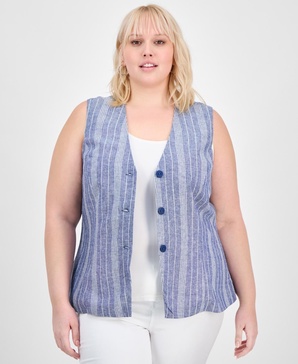 Trendy Plus Size Striped Three-Button Vest, Exclusively at Macy's