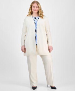 Plus Size Open-Front Cardigan, Printed Tulip Sleeve Top & Cool-Crepe Pull-On Pants