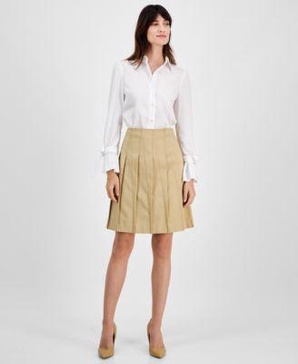 Women's Ruffle Bow Cuff Shirt & Pleated Knee-Length Skirt