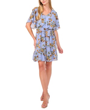 Women's Floral-Print Short-Sleeve Tiered Dress
