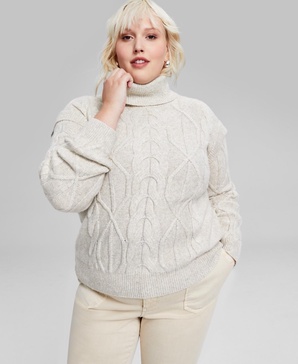 Trendy Plus Size Turtleneck Cable-Knit Sweater, Created for Macy's