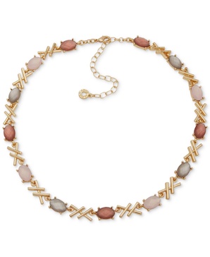 Gold-Tone Oval Stone Crisscross Collar Necklace, 16" + 3" extender