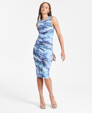 Women's Printed Sleeveless Crewneck Ruched Midi Dress, Exclusively at Macy's