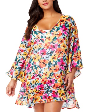 Plus Size Floral-Print Flounce Tunic Swim Cover-Up
