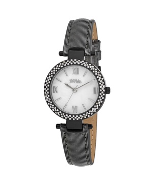 Women's Black Polyurethane Strap Glitz Mop Dial Watch, 30mm