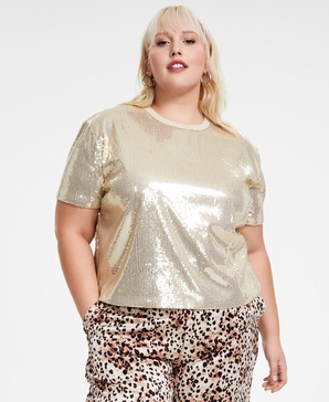 Trendy Plus Size Short-Sleeve Boxy Cropped Sequin Top, Created for Macy's