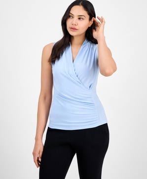 Women's Shirred Surplice-Neck Sleeveless Top
