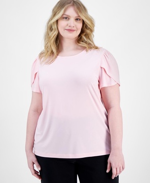 Plus Size Solid Tulip-Sleeve Crewneck Top