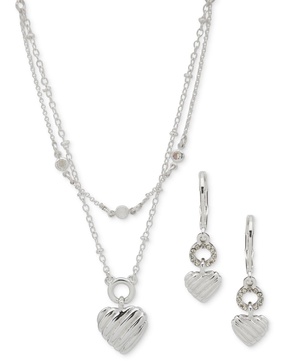 Silver-Tone 2-Pc. Set Textured Heart Layered Necklace & Matching Drop Earrings