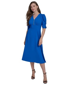 Women's V-Neck Shirred-Sleeve Flared Dress