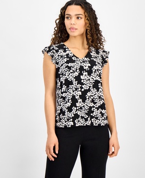 Petite Pleated Flutter-Sleeve V-Neck Top