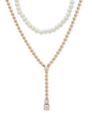 Gold-Tone Bead & Imitation Pearl Layered Lariat Necklace, 16" + 3" extender