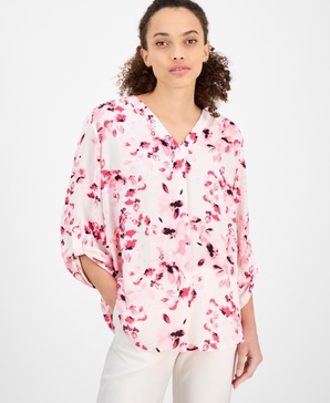 Petite Floral-Print V-Neck Roll-Tab Tunic