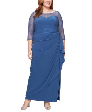 Plus Size Illusion-Trim Ruffled Gown