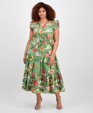 Plus Size Printed Drawstring-Waist Midi Dress