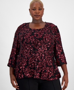 Plus Size Embroidered Sequin Elbow-Sleeve Jacket & Shell