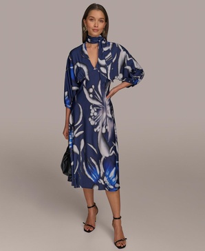 Women's Tie-Neck A-Line Midi Dress