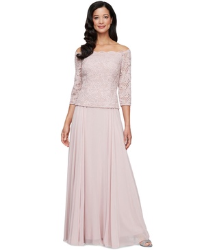Petite Lace Top Off-The-Shoulder Gown