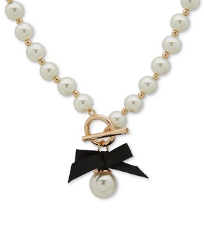 Gold-Tone Imitation Pearl & Black Bow Toggle Pendant Necklace, 16" + 3" extender