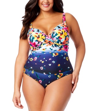 Plus Size Floral-Print Draped-Front Underwire One-Piece Swimsuit