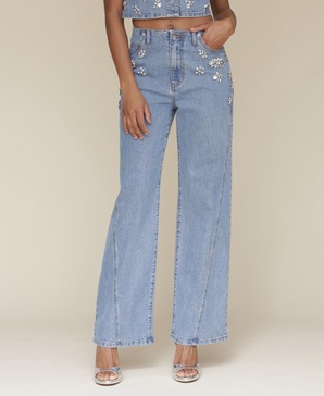 Women's Rhinestone-Trim Hollywood-Waist Wide-Leg Jeans