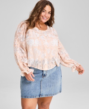 Plus Size Pleated-Front Bell-Sleeve Blouse