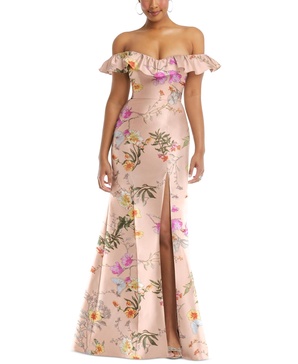 Women's Off-the-Shoulder Ruffle Neck Floral Satin Trumpet Gown