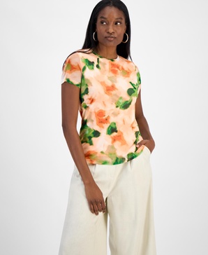 Women's Short-Sleeve Watercolor Mesh Top, Exclusively at Macy's 