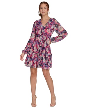 Women's Printed Ruffled Blouson-Sleeve Shift Dress