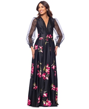 Women's Organza-Sleeve Floral Belted Gown