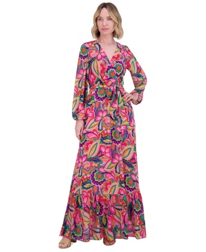 Women's Printed Tie-Waist Blouson-Sleeve Maxi Dress