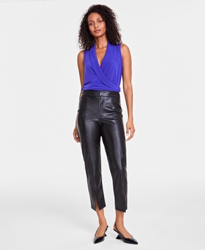 Women's Faux-Leather Front-Slit Straight Pants, Created for Macy's