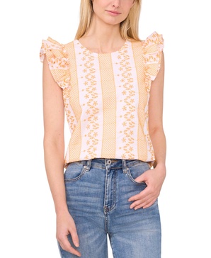 Women's Embroidered Crewneck Ruffle Sleeve Blouse
