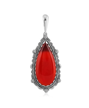 Sterling Silver Red Onyx Gemstone Teardrop Bordered Design Pendant Enhancer