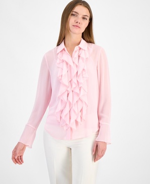 Women's Long-Sleeve Waterfall-Ruffle Blouse