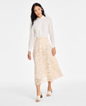 Women's Collared Button-Front Shirt & Pull-On Lace Midi Skirt