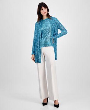 Women's Sequin Draped Cardigan, Sequined T-Shirt & Wide-Leg Pants
