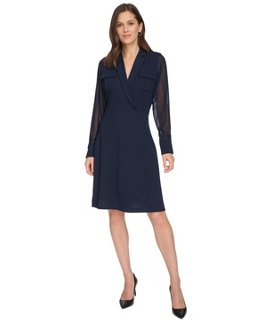 Women's Chiffon-Sleeve Faux-Wrap Dress