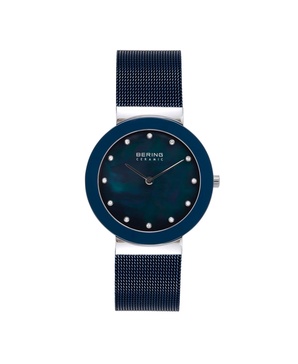 Women's Ceramic Crystal Blue Stainless Steel Mesh Bracelet Watch 35mm