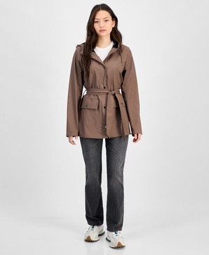 Women's Tie-Waist Snap-Front Hooded Rain Coat