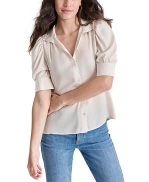 Petite Cotton Puff-Sleeve Button-Front Shirt