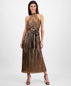 Women's Metallic Mock Neck Halter Dress