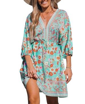 Women's Teal Paisley Plunging Mini Beach Dress