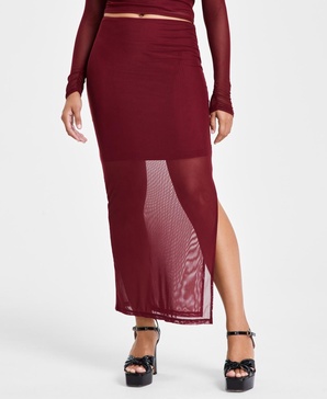 Women's Mesh Side-Slit Pull-On Midi Skirt, Created for Macy's