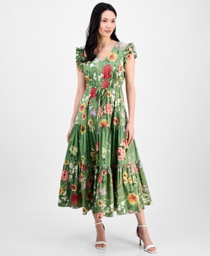 Women's Printed V-Neck Drawstring Maxi Dress
